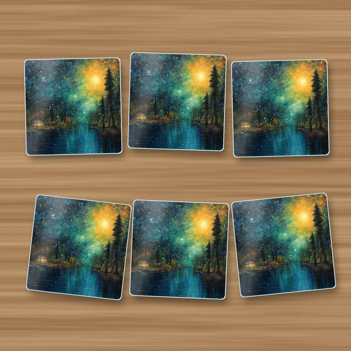 Impressionist Night Lake & Pines square glass coasters, set of 6, on an oak coffee table