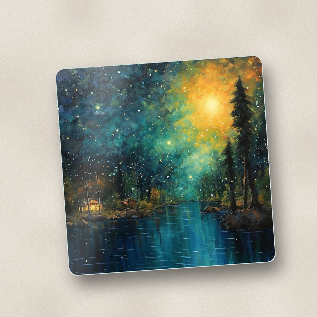 Close-up of one impressionist night lake & pines square glass coaster, flat UV print