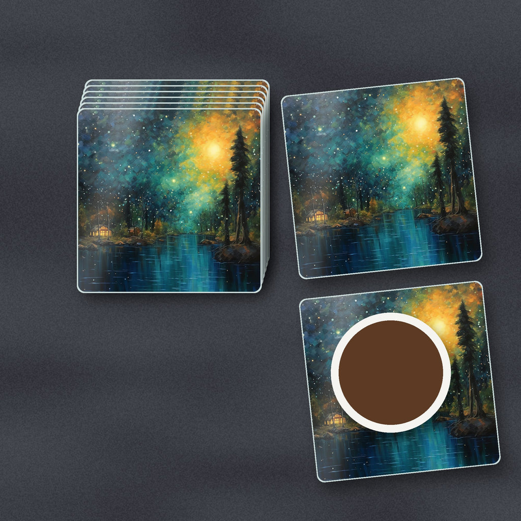 Impressionist Night Lake & Pines square glass coasters stacked on a slate kitchen worktop
