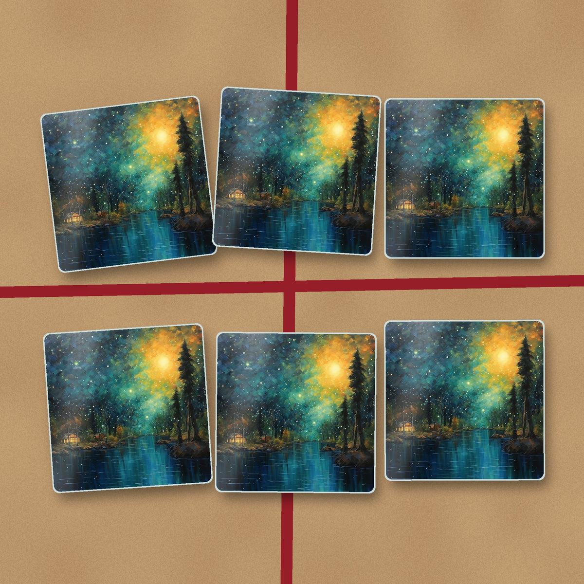 Impressionist Night Lake & Pines square glass coasters on kraft gift wrap