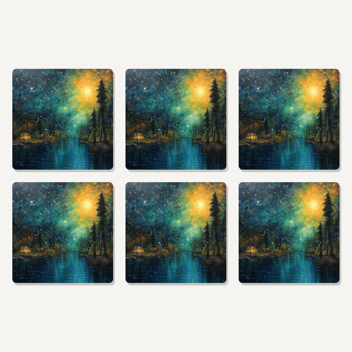 Flat lay of the impressionist night lake & pines artwork on six square coasters