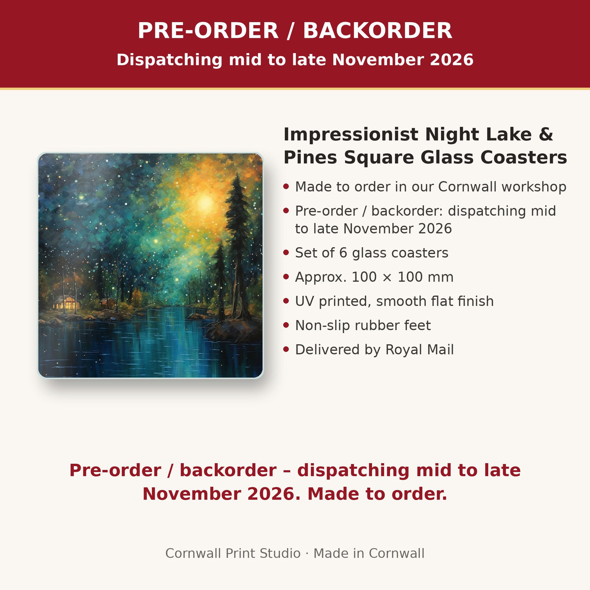 Info card: Impressionist Night Lake & Pines Square Glass Coasters – Set of 6, made to order, dispatching mid to late November 2026, delivered by Royal Mail