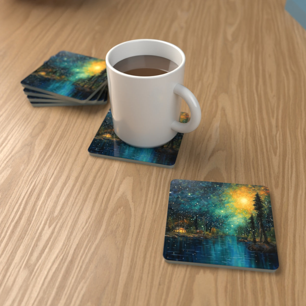 Impressionist Night Lake & Pines Square Glass Coasters – Set of 6 – lifestyle mockup with a mug of coffee
