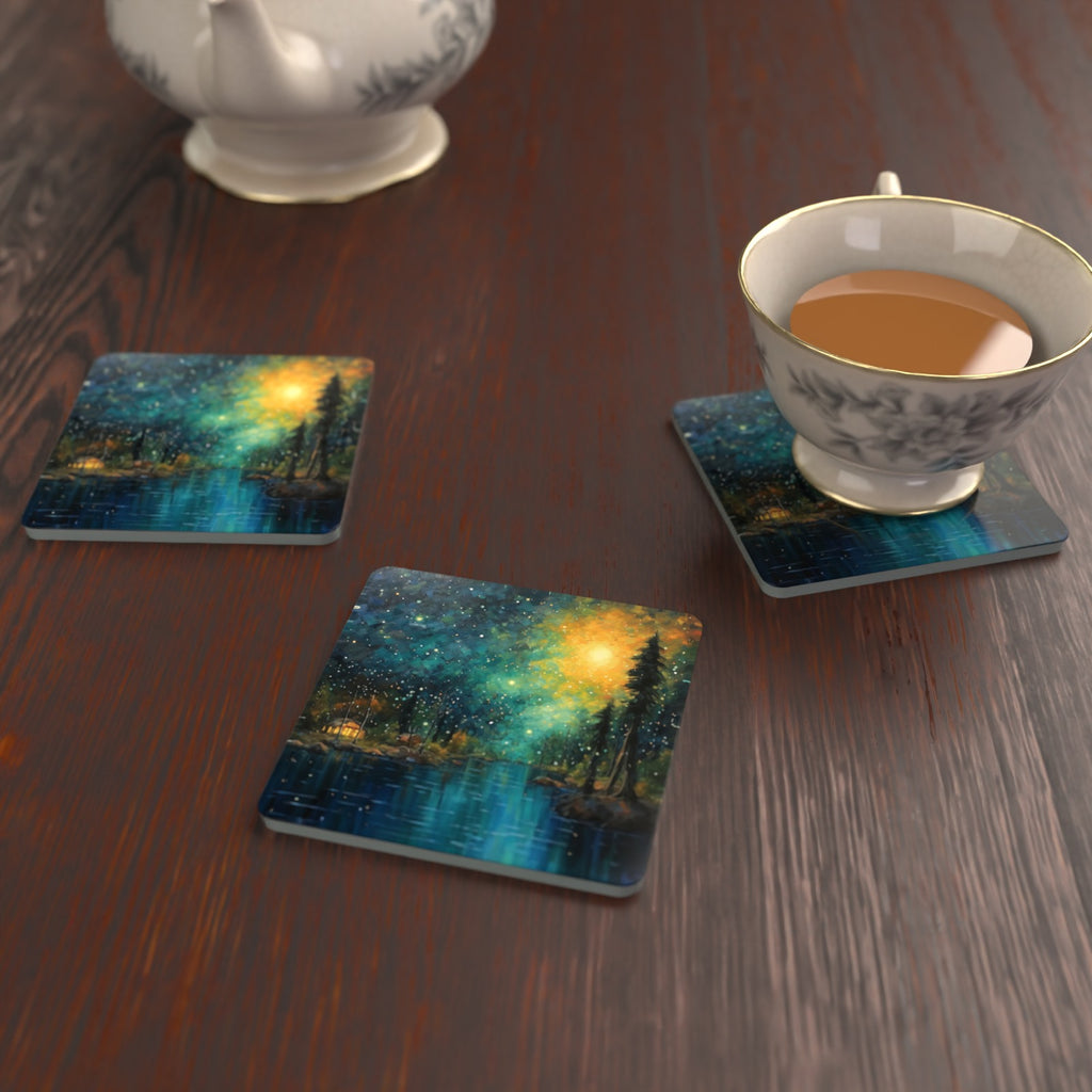 Impressionist Night Lake & Pines Square Glass Coasters – Set of 6 – lifestyle mockup with a teacup