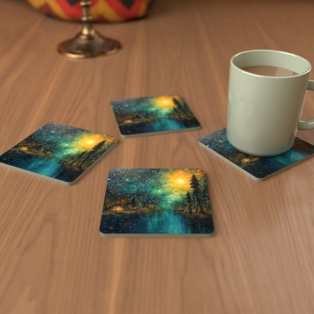 Impressionist Night Lake & Pines Square Glass Coasters – Set of 6 – cosy lifestyle mockup