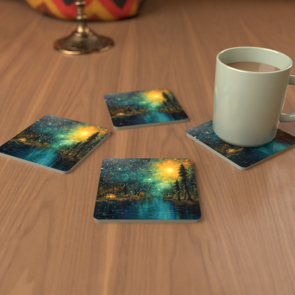 Impressionist Night Lake & Pines Square Glass Coasters – Set of 6 – cosy lifestyle mockup