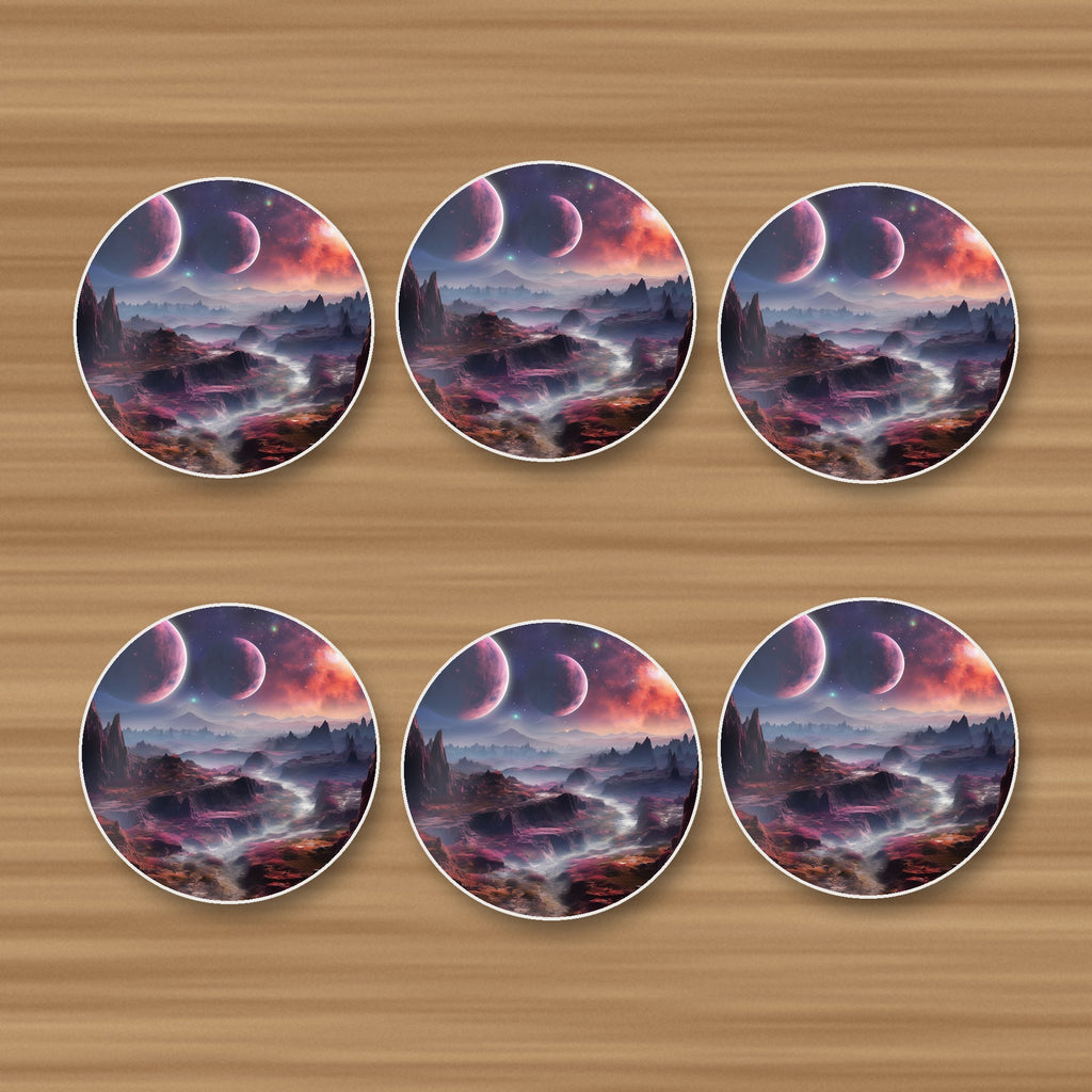 Lunar Landscape & Twin Planets round ceramic coasters, set of 6, on an oak coffee table