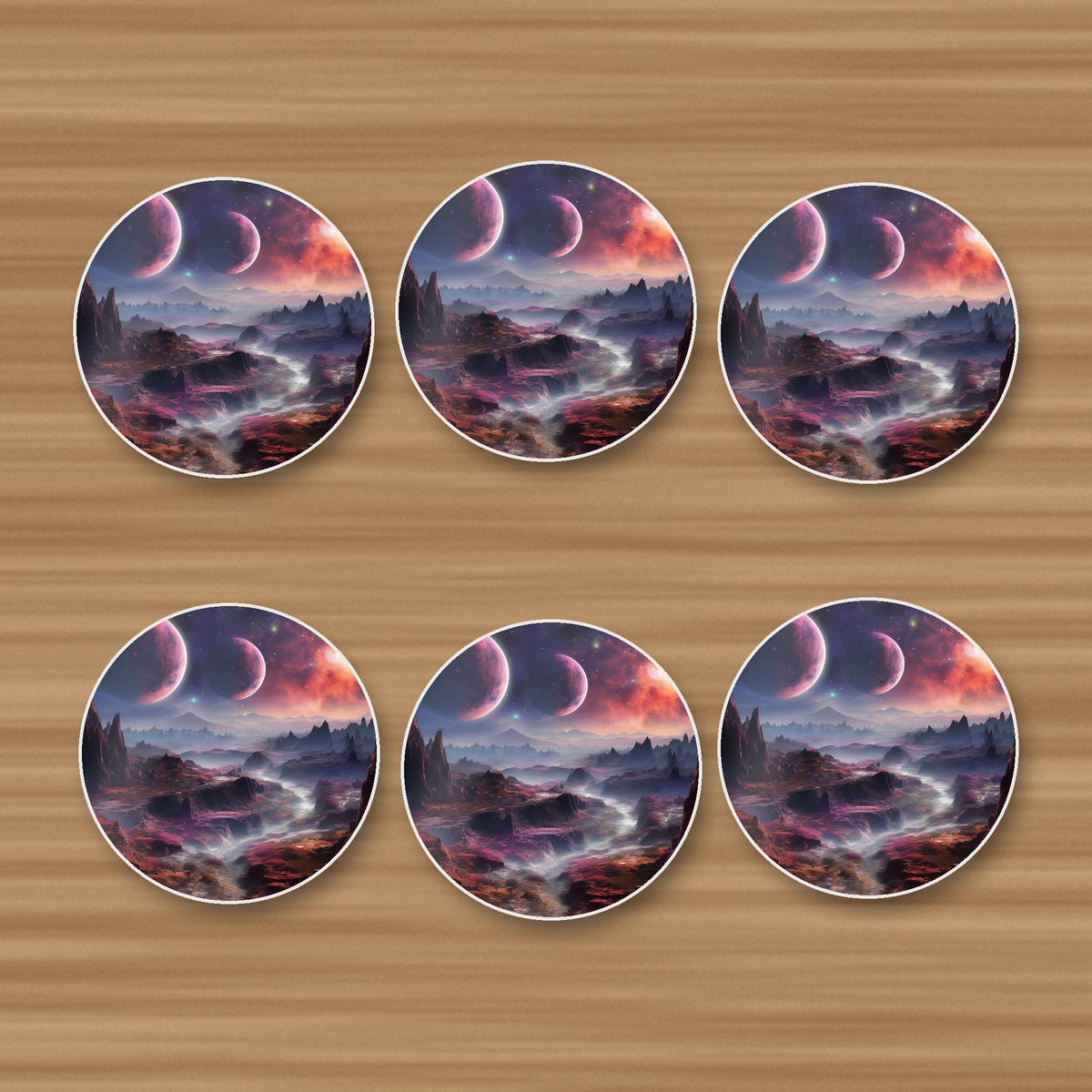 Lunar Landscape & Twin Planets round ceramic coasters, set of 6, on an oak coffee table