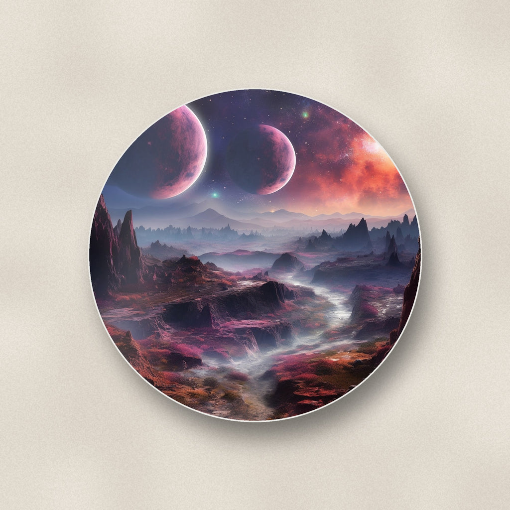 Close-up of one lunar landscape & twin planets round ceramic coaster, flat UV print