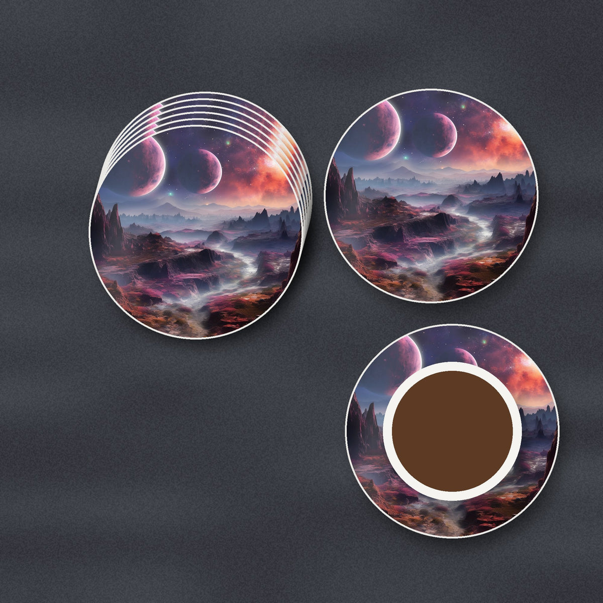 Lunar Landscape & Twin Planets round ceramic coasters stacked on a slate kitchen worktop