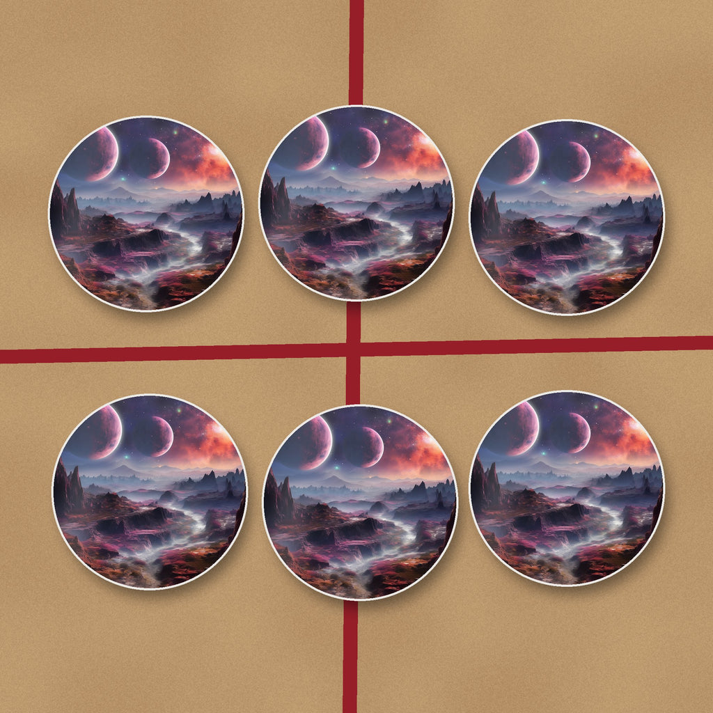 Lunar Landscape & Twin Planets round ceramic coasters on kraft gift wrap