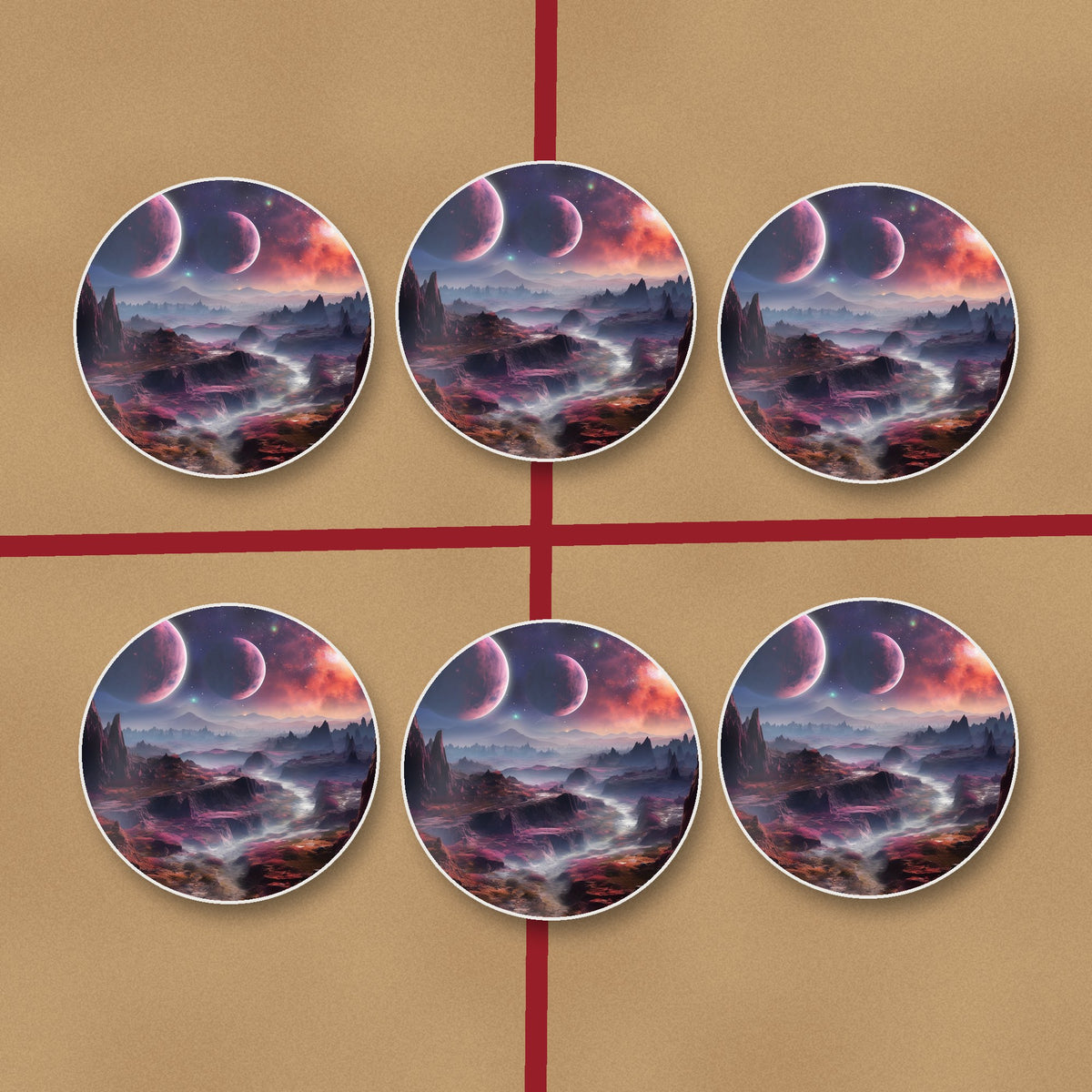 Lunar Landscape & Twin Planets round ceramic coasters on kraft gift wrap