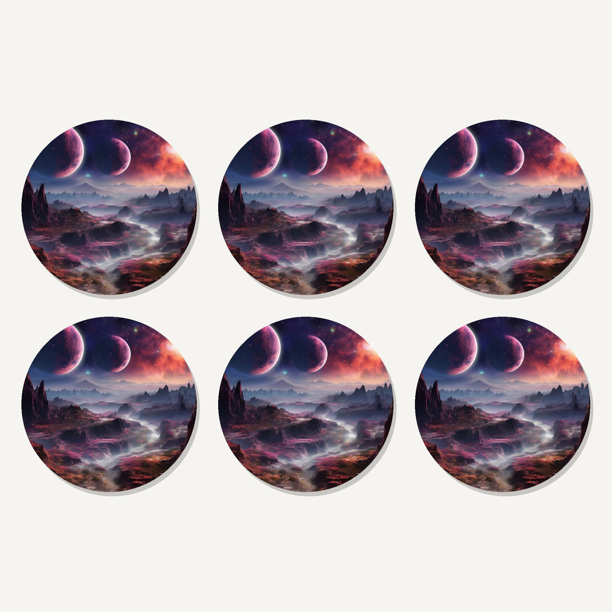 Flat lay of the lunar landscape & twin planets artwork on six round coasters