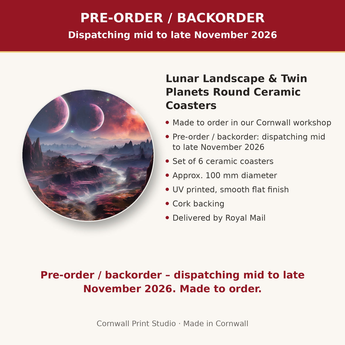 Info card: Lunar Landscape & Twin Planets Round Ceramic Coasters – Set of 6, made to order, dispatching mid to late November 2026, delivered by Royal Mail