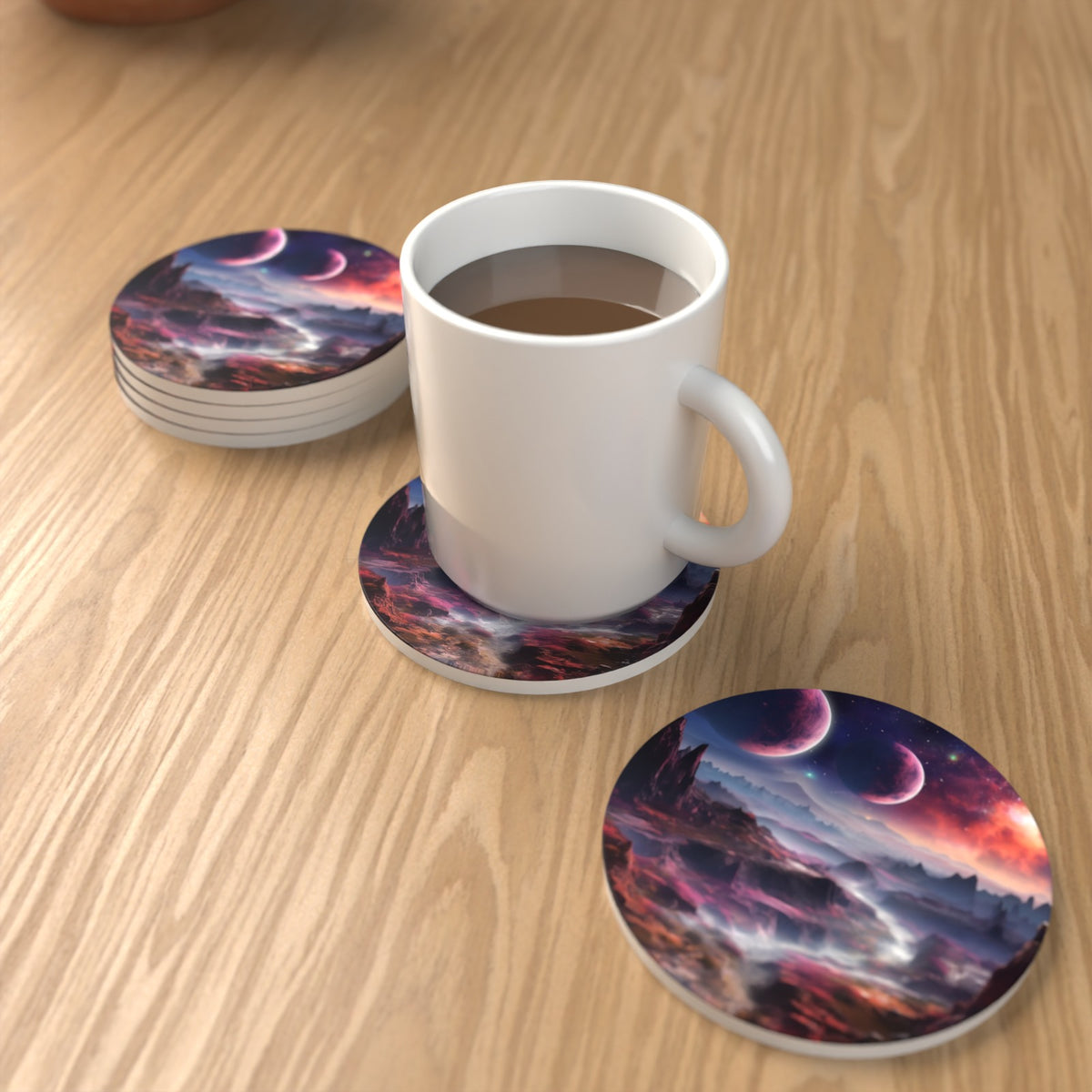 Lunar Landscape & Twin Planets Round Ceramic Coasters – Set of 6 – lifestyle mockup with a mug of coffee
