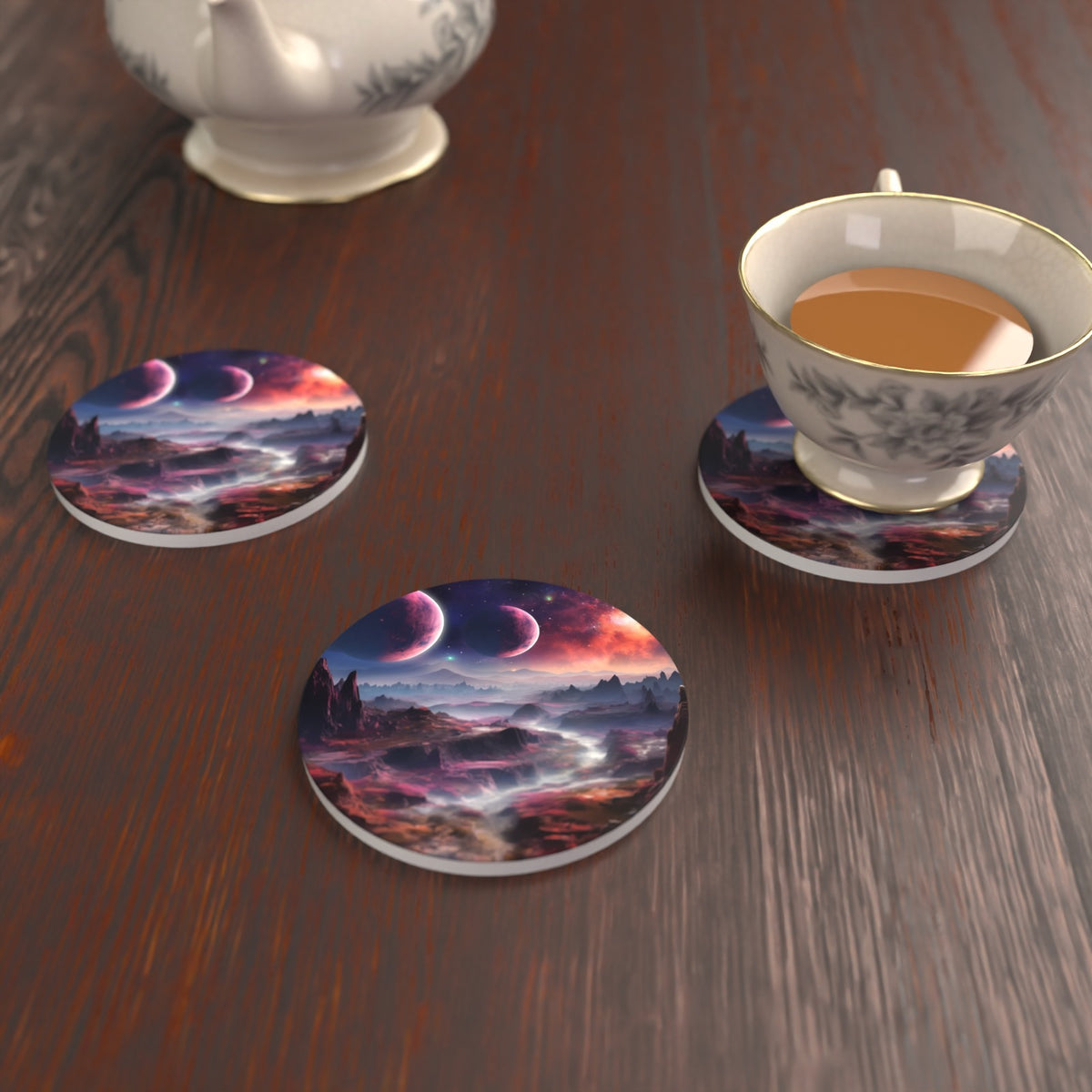 Lunar Landscape & Twin Planets Round Ceramic Coasters – Set of 6 – lifestyle mockup with a teacup