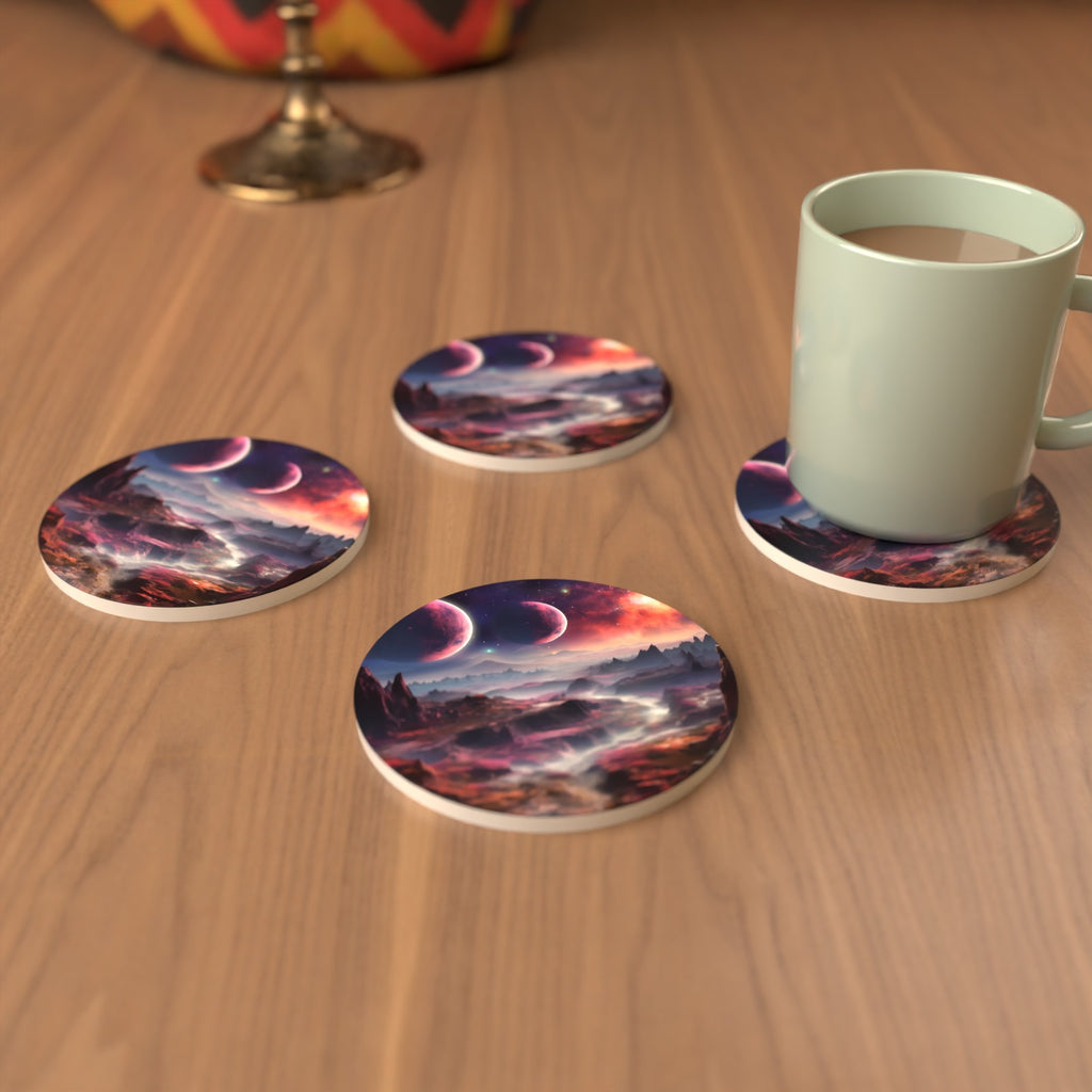 Lunar Landscape & Twin Planets Round Ceramic Coasters – Set of 6 – cosy lifestyle mockup