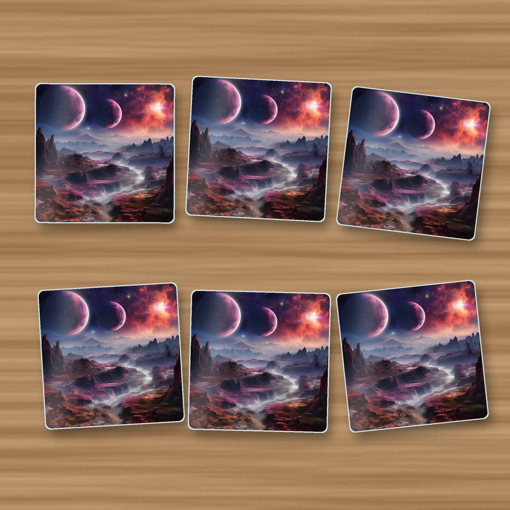 Lunar Landscape & Twin Planets square glass coasters, set of 6, on an oak coffee table