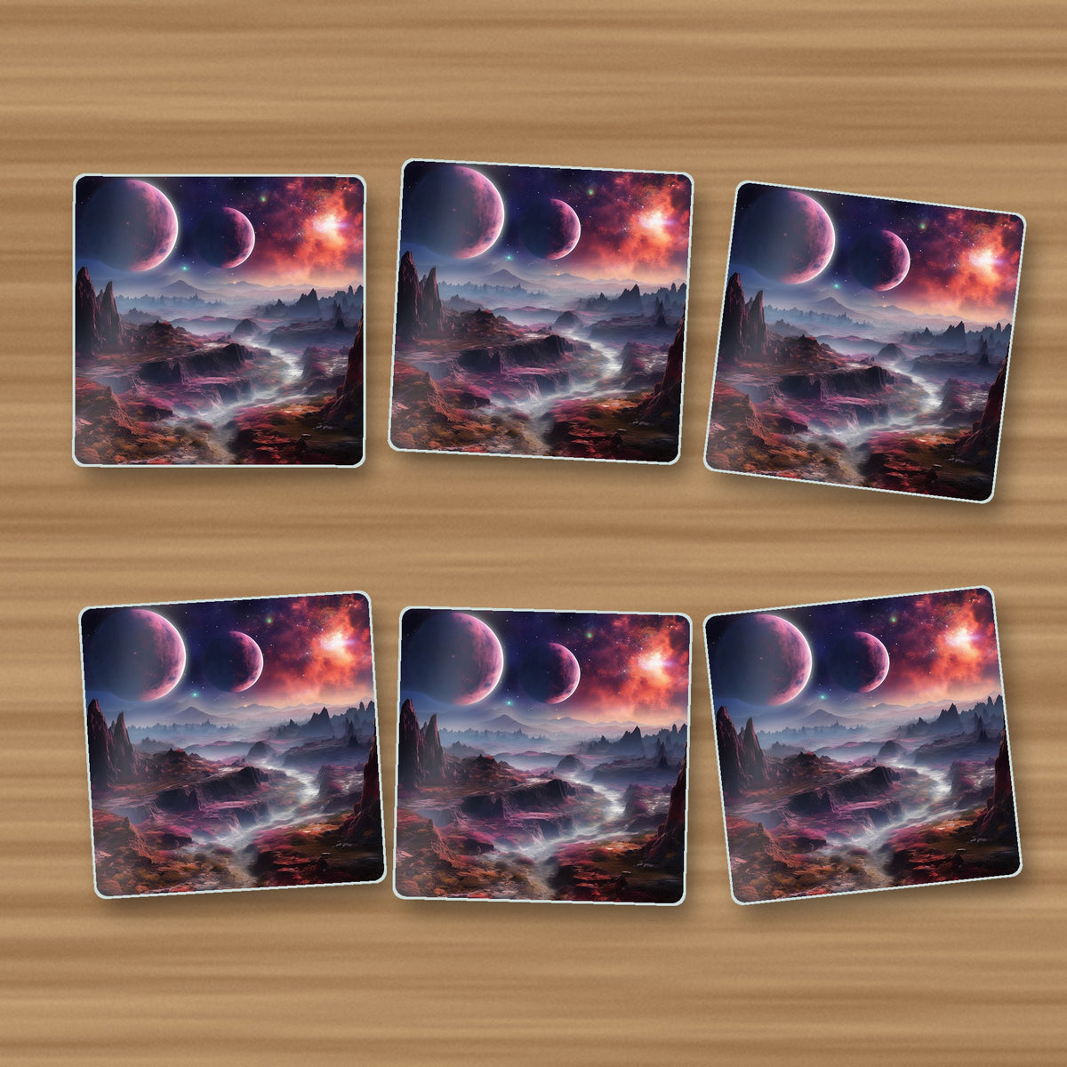 Lunar Landscape & Twin Planets square glass coasters, set of 6, on an oak coffee table