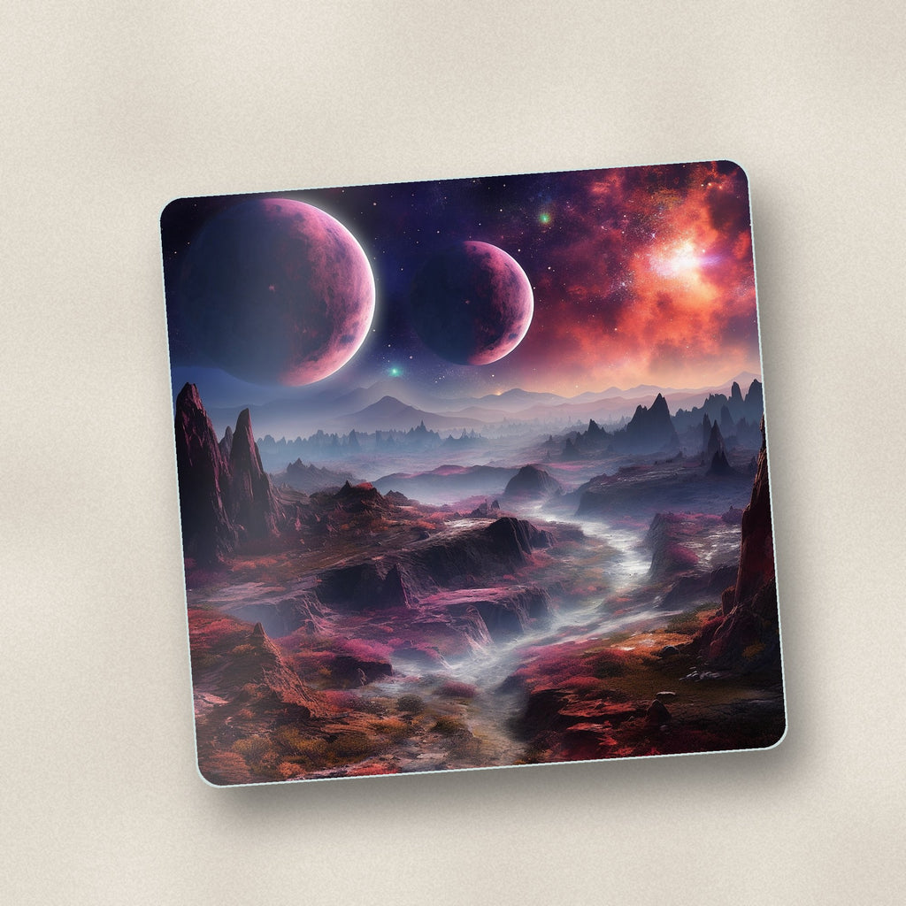 Close-up of one lunar landscape & twin planets square glass coaster, flat UV print
