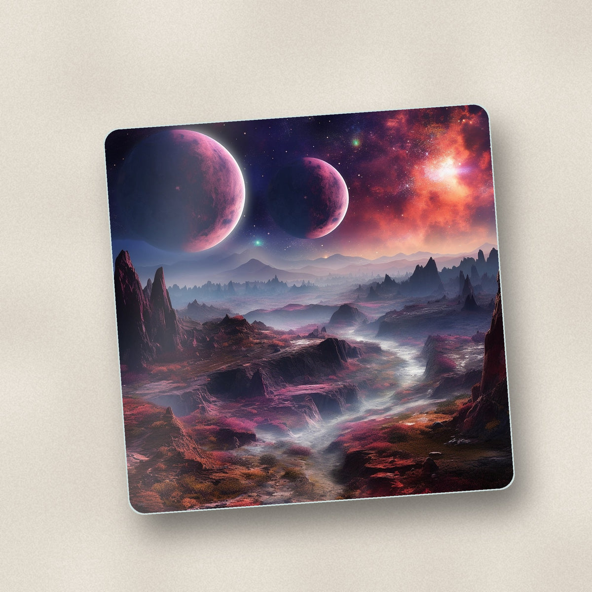 Close-up of one lunar landscape & twin planets square glass coaster, flat UV print