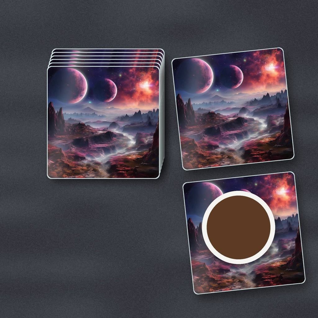 Lunar Landscape & Twin Planets square glass coasters stacked on a slate kitchen worktop