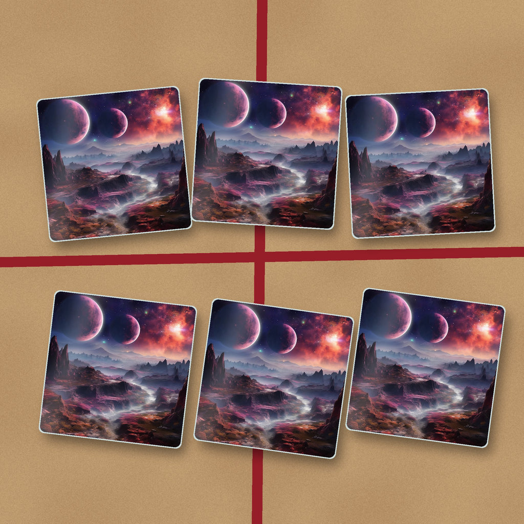 Lunar Landscape & Twin Planets square glass coasters on kraft gift wrap