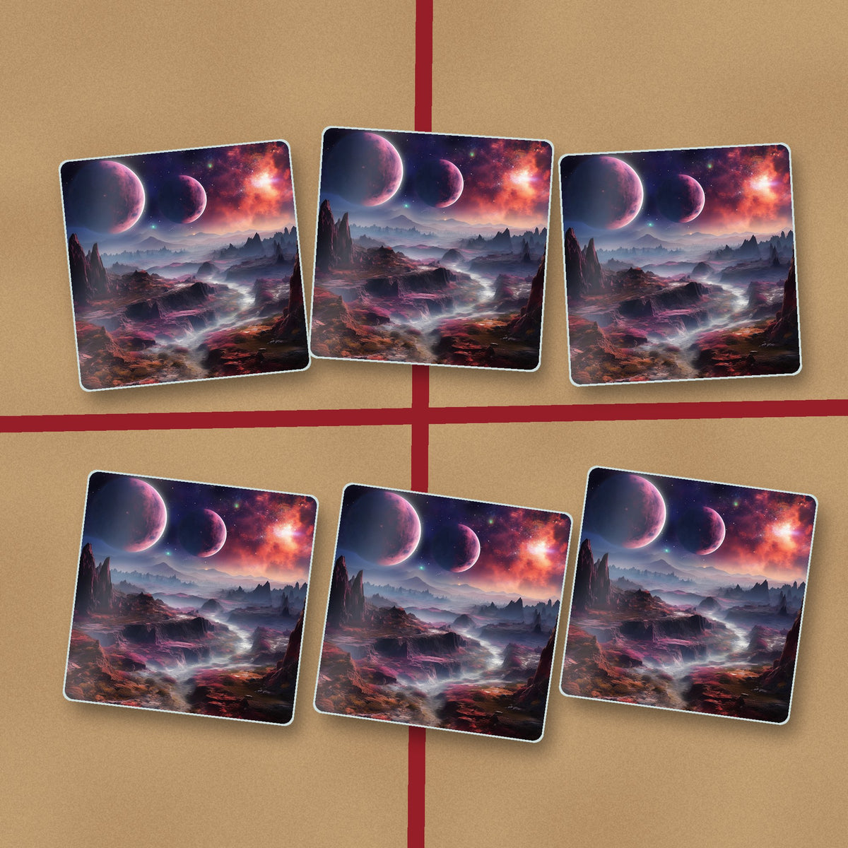 Lunar Landscape & Twin Planets square glass coasters on kraft gift wrap