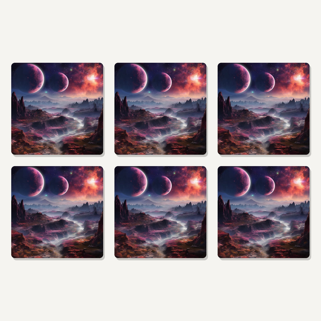 Flat lay of the lunar landscape & twin planets artwork on six square coasters