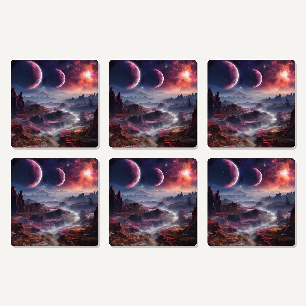 Flat lay of the lunar landscape & twin planets artwork on six square coasters