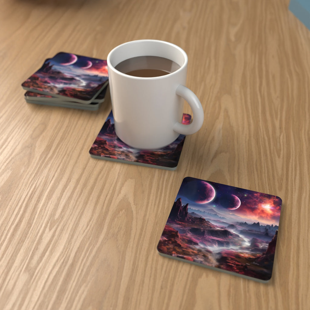 Lunar Landscape & Twin Planets Square Glass Coasters – Set of 6 – lifestyle mockup with a mug of coffee