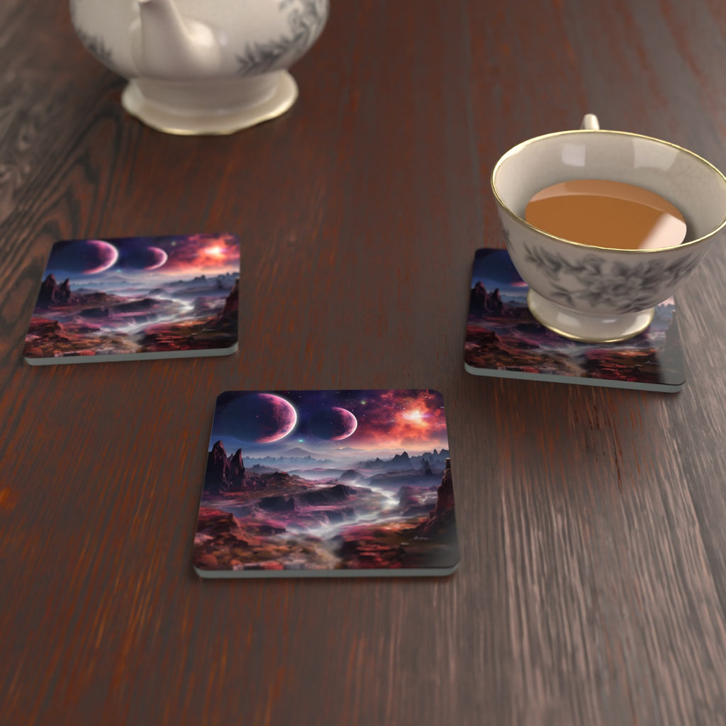 Lunar Landscape & Twin Planets Square Glass Coasters – Set of 6 – lifestyle mockup with a teacup