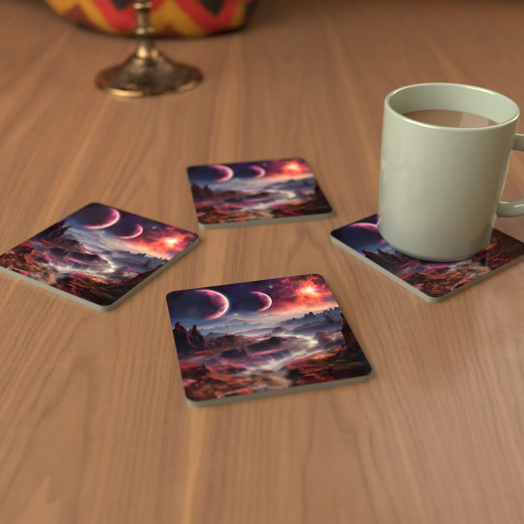 Lunar Landscape & Twin Planets Square Glass Coasters – Set of 6 – cosy lifestyle mockup