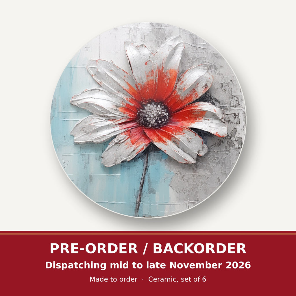 White & Red Flower on Pale Blue round ceramic coaster set of 6 – pre-order / backorder, dispatching mid to late November 2026
