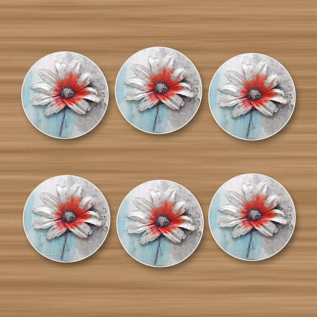 White & Red Flower on Pale Blue round ceramic coasters, set of 6, on an oak coffee table