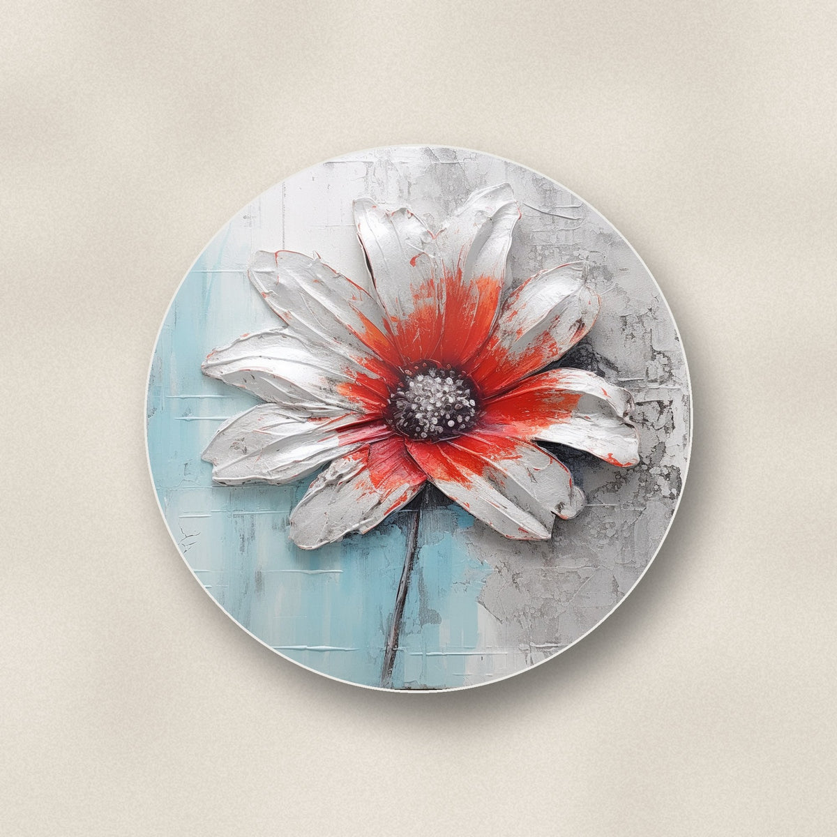 Close-up of one white & red flower on pale blue round ceramic coaster, flat UV print