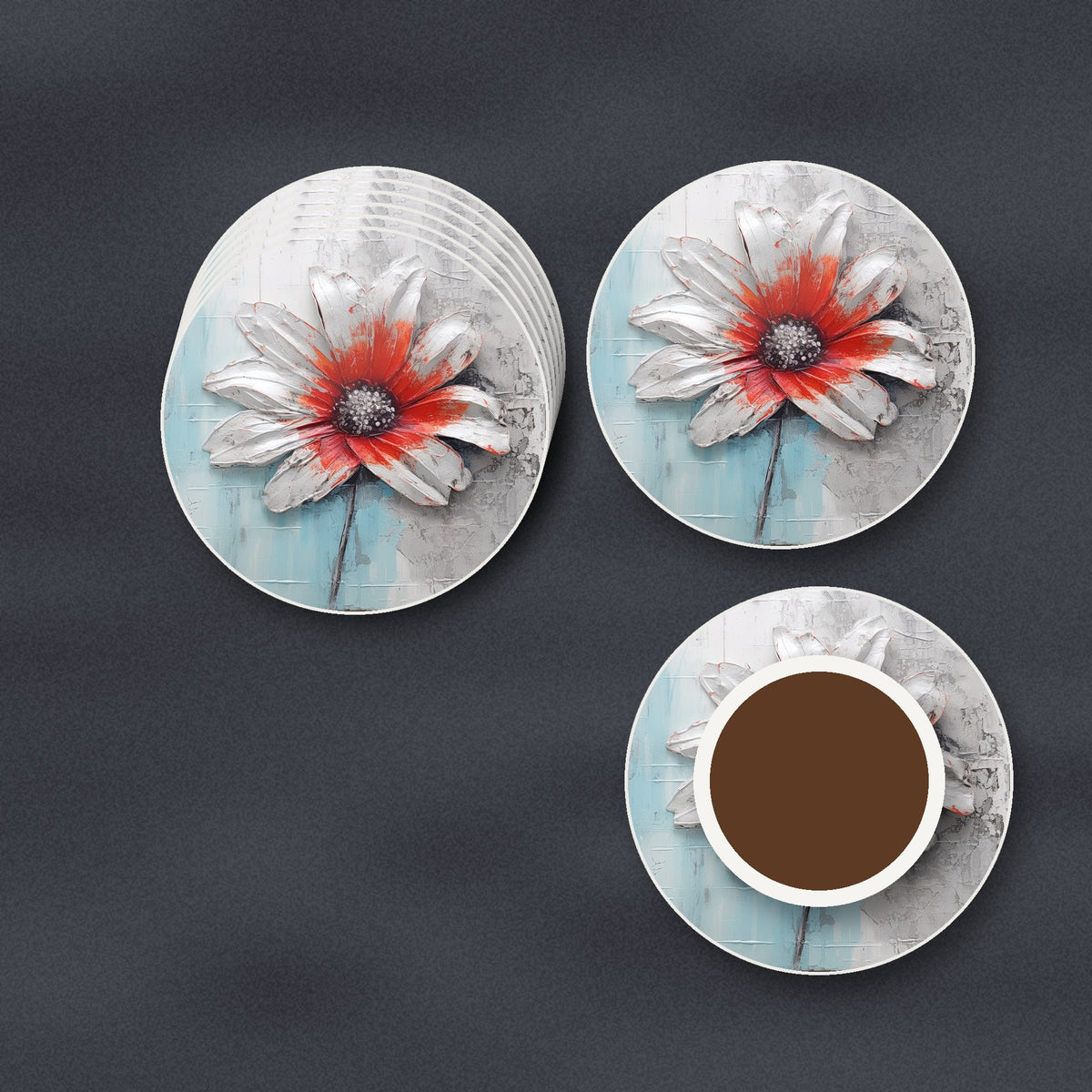 White & Red Flower on Pale Blue round ceramic coasters stacked on a slate kitchen worktop
