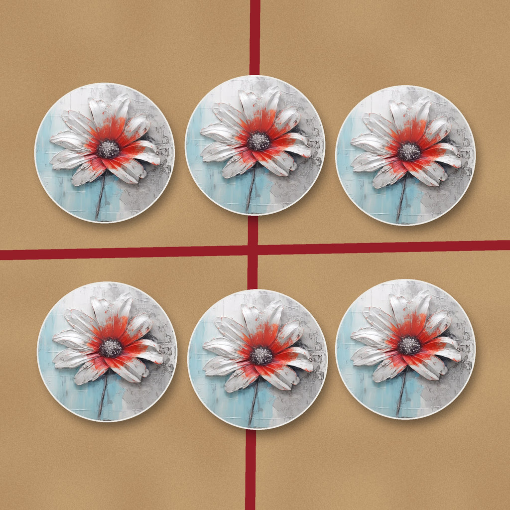 White & Red Flower on Pale Blue round ceramic coasters on kraft gift wrap