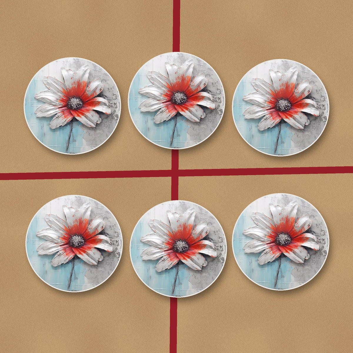 White & Red Flower on Pale Blue round ceramic coasters on kraft gift wrap