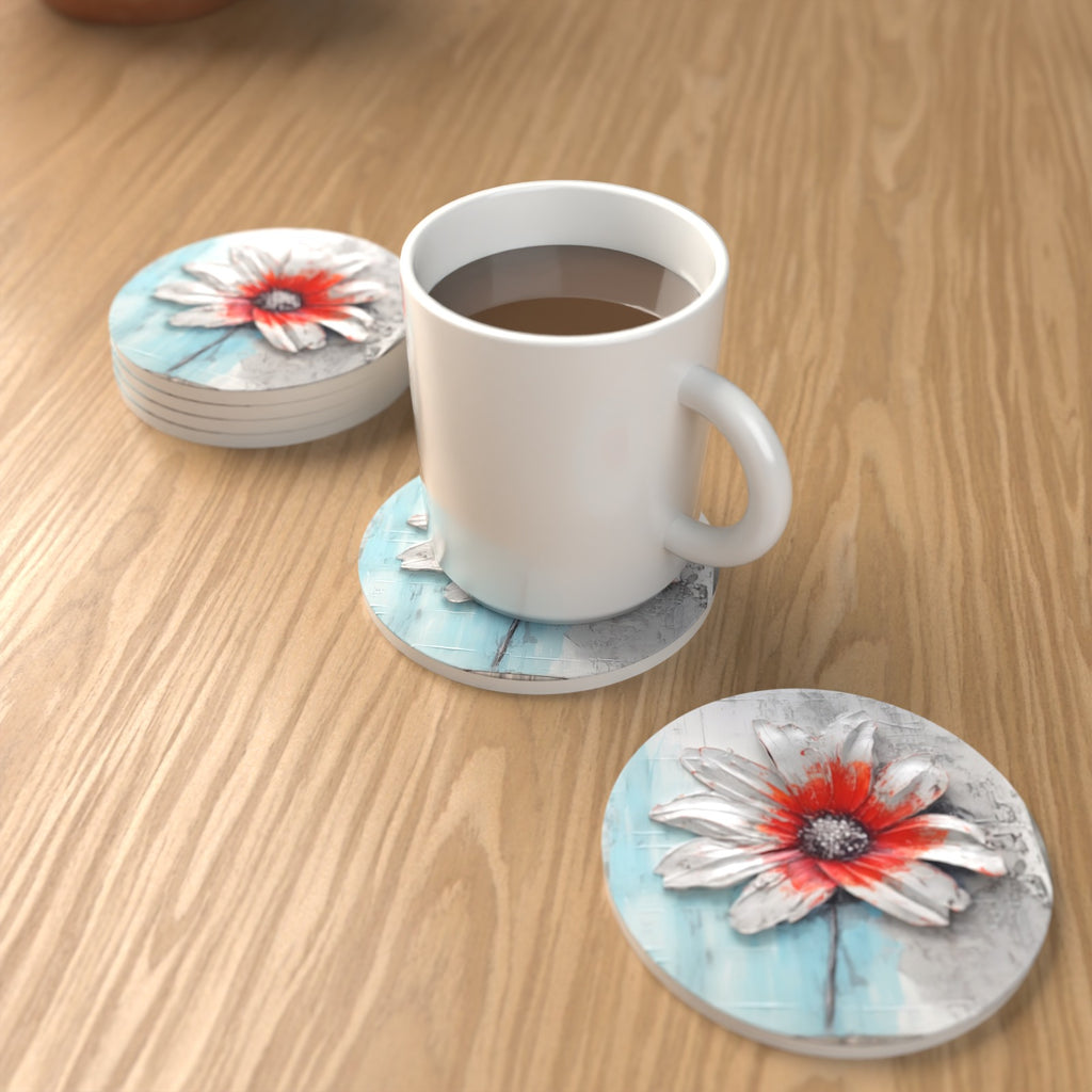 White & Red Flower on Pale Blue Round Ceramic Coasters – Set of 6 – lifestyle mockup with a mug of coffee