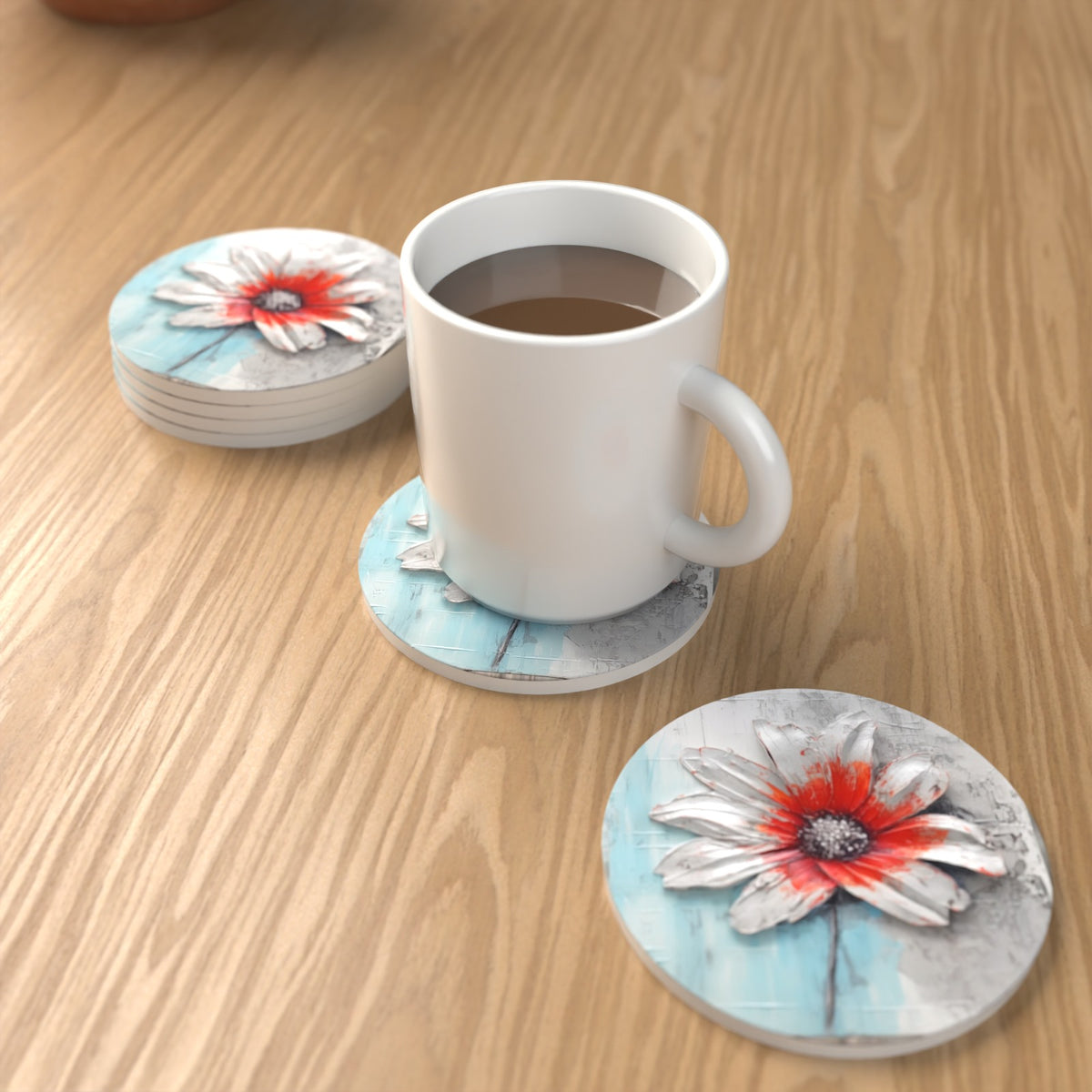 White & Red Flower on Pale Blue Round Ceramic Coasters – Set of 6 – lifestyle mockup with a mug of coffee