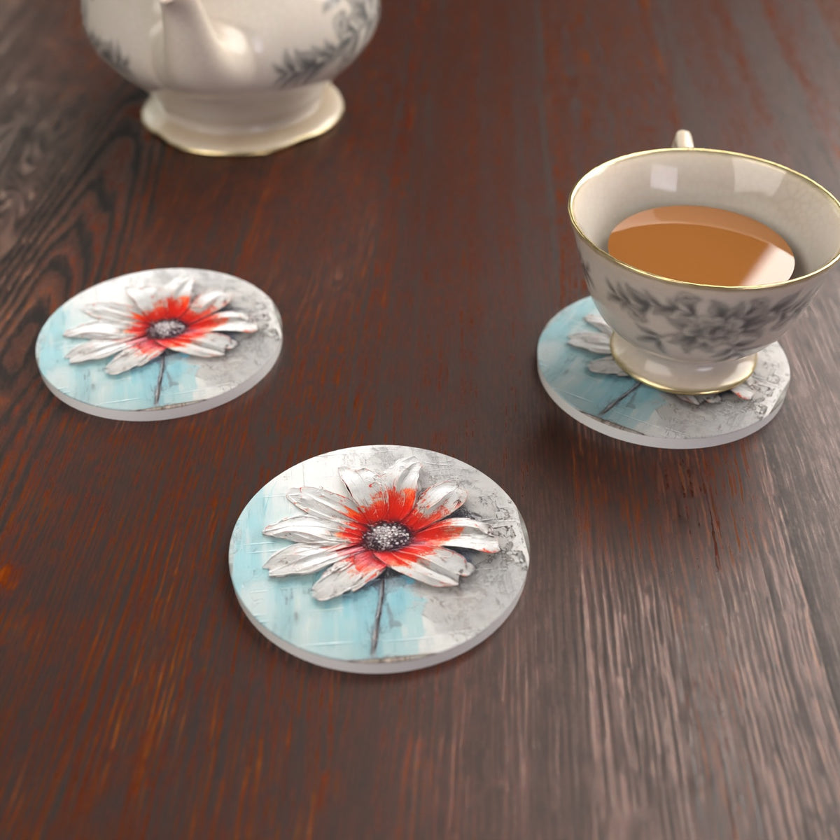 White & Red Flower on Pale Blue Round Ceramic Coasters – Set of 6 – lifestyle mockup with a teacup