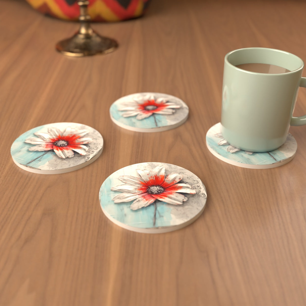White & Red Flower on Pale Blue Round Ceramic Coasters – Set of 6 – cosy lifestyle mockup