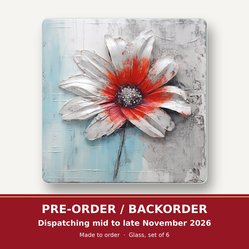 White & Red Flower on Pale Blue square glass coaster set of 6 – pre-order / backorder, dispatching mid to late November 2026