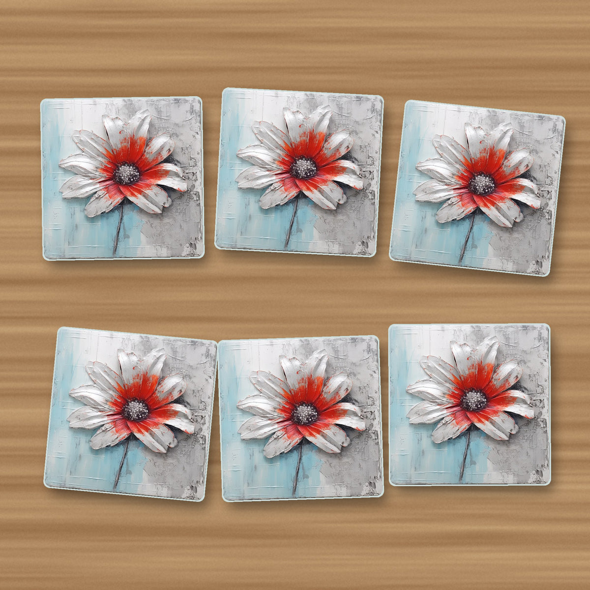 White & Red Flower on Pale Blue square glass coasters, set of 6, on an oak coffee table