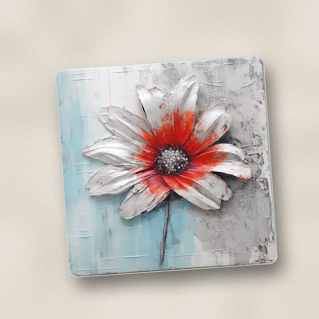 Close-up of one white & red flower on pale blue square glass coaster, flat UV print