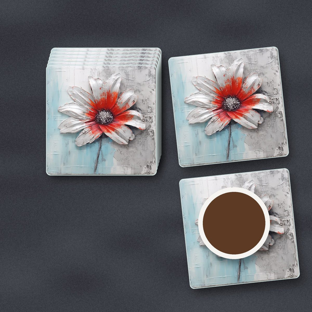 White & Red Flower on Pale Blue square glass coasters stacked on a slate kitchen worktop