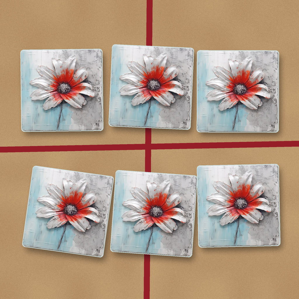 White & Red Flower on Pale Blue square glass coasters on kraft gift wrap