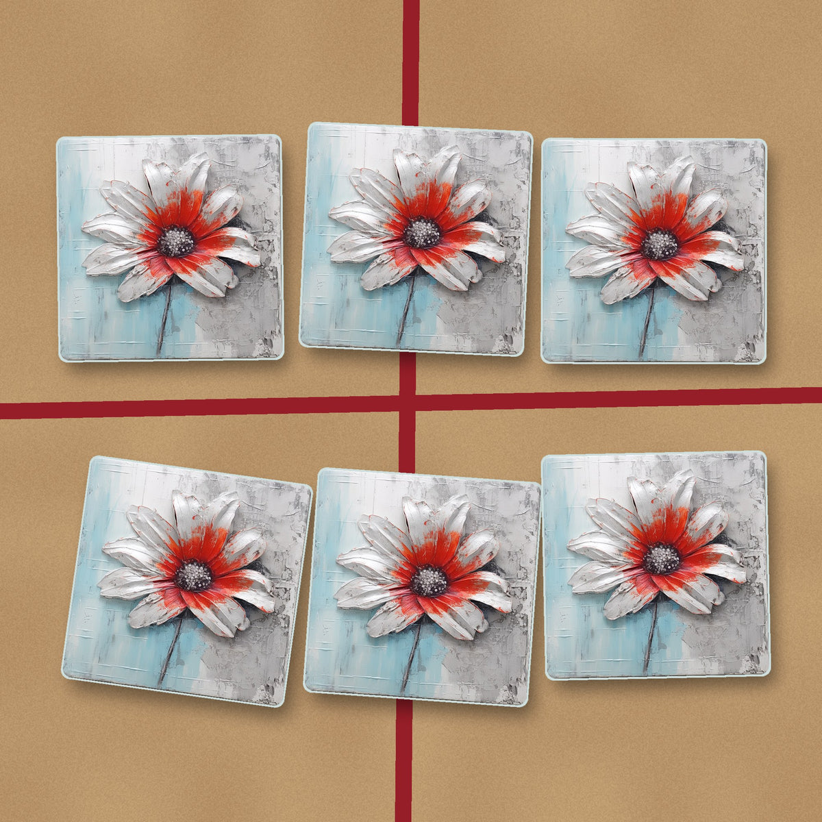 White & Red Flower on Pale Blue square glass coasters on kraft gift wrap