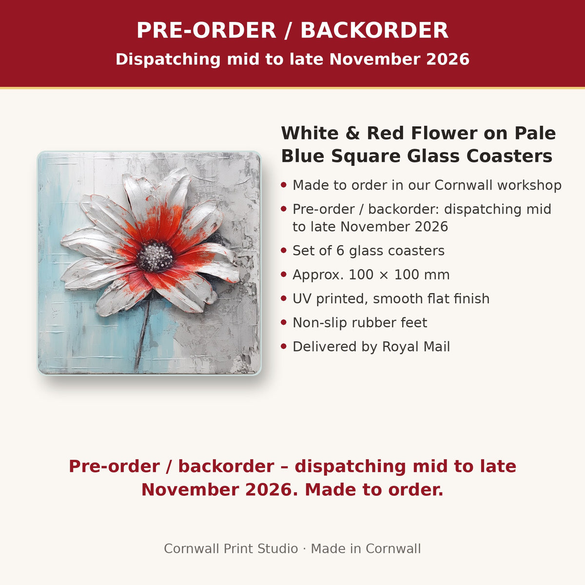 Info card: White & Red Flower on Pale Blue Square Glass Coasters – Set of 6, made to order, dispatching mid to late November 2026, delivered by Royal Mail